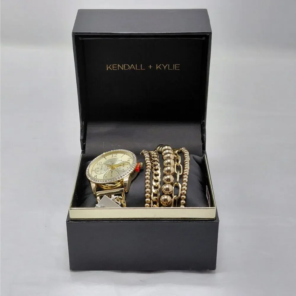 Kendall + Kylie Womens Gold Tone Watch Bracelet Set Crystal Bezel Gift Jewelry